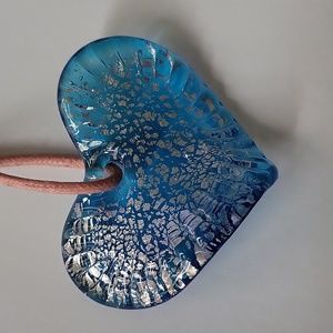 Blue And Silver Foil Glass Heart Pendant